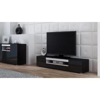 Szafka TV cama meble VIVA 180 — 1800×400×370 mm, czarny blat (płyta wiórowa), czarna rama, białe akcenty