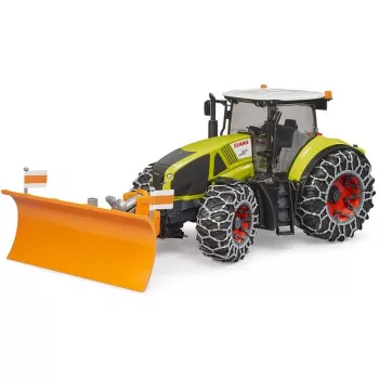 Ciągnik-zabawka BRUDER Claas Axion 950 z łańcuchami śniegowymi i pługiem śnieżnym, model w skali