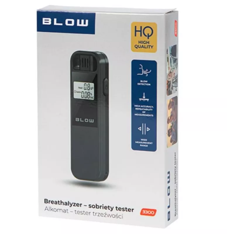 Przenośny tester alkoholu BLOW 3300 — bezdotykowy alkomat, BAC 0,00–0,19%, dokładność 1%, LCD, baterie AAA
