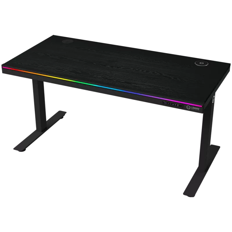 Biurko gamingowe z dwoma silnikami, regulacją wysokości (siedząco-stojąca), ładowarką bezprzewodową, podświetleniem RGB, panelem sterowania i portami USB, blat z melaminy PB, kolor czarny.