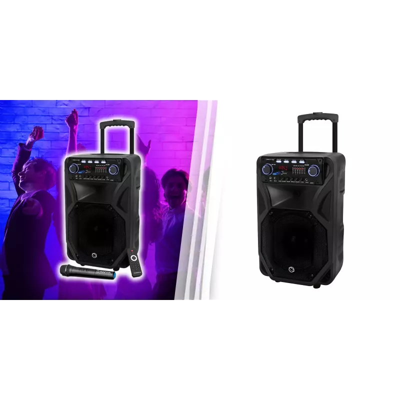 Przenośny głośnik karaoke MANTA SPK5021PRO 20W, woofer 12 cali, 80W RMS, Bluetooth, bateria do 5h, SD/USB, wejścia mikrofonowe i gitarowe