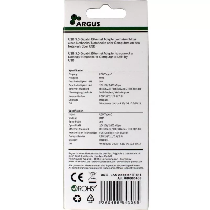Inter-Tech Argus IT-811 - karta sieciowa - USB-C - Gigabit Ethernet - czarna (88885438)