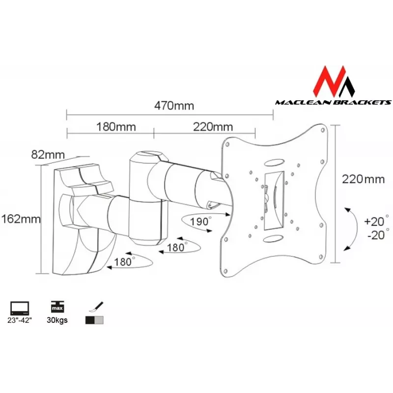 Uchwyt ścienny MACLEAN MC-503A S do ekranów 23–42 cale, pochylenie ±20°, VESA 75×75–200×200, 30 kg, srebrny