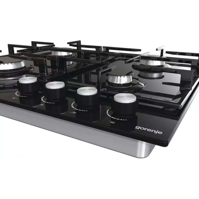 Gas hob Gorenje GT641KB, built-in 60 cm, 4 gas zones, tempered glass, cast iron grates, rotary knobs