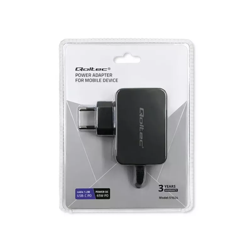 Ładowarka do urządzeń mobilnych QOLTEC 51024 — Uniwersalna ładowarka sieciowa AC, 65W PD, 20V/3,25A, kabel 1,2m, czarna