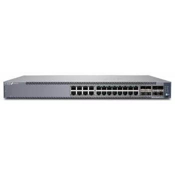 Juniper EX4100 24-portowy 10/100/1000BaseT PoE+, 4x porty uplink 10G SFP+, 4x porty stosowania/uplink 25G SFP28, wentylatory redundantne, 1 zasilacz AC JPSU-920-AC-AFO w zestawie (optyka sprzedawana osobno) z oprogramowaniem Standard. Zgodny z TAA. (EX410