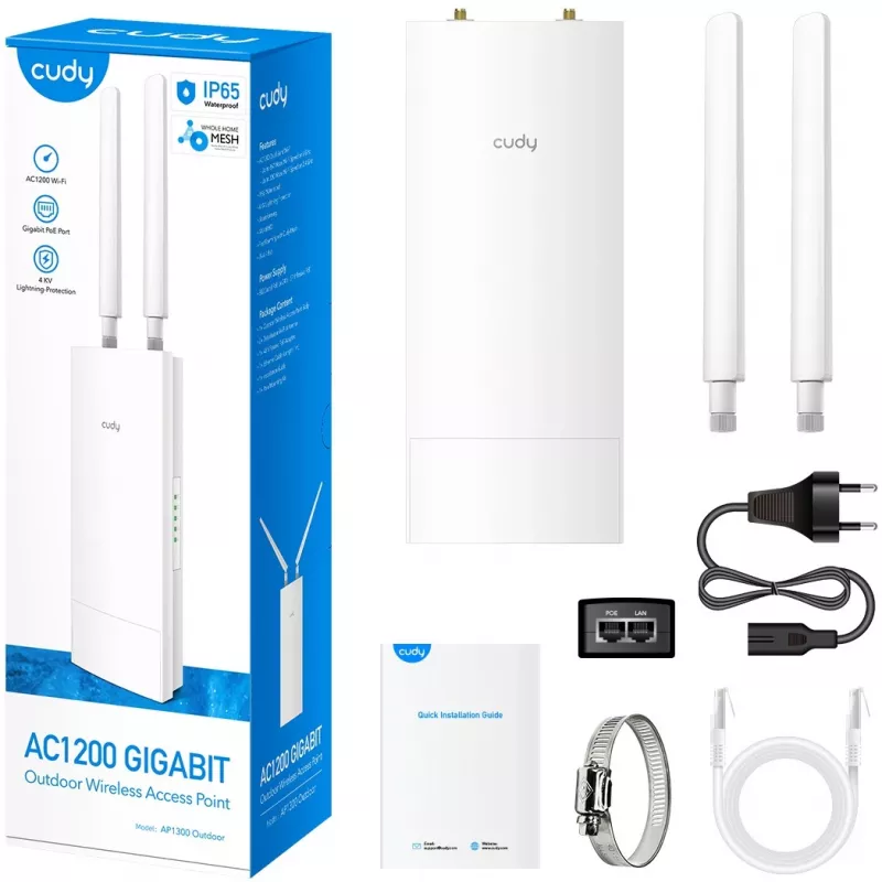 Access Point Cudy AP1300 Outdoor — dwuzakresowy 2,4/5 GHz, 300/867 Mb/s, IP65, PoE, 2 zewnętrzne anteny RP‑SMA