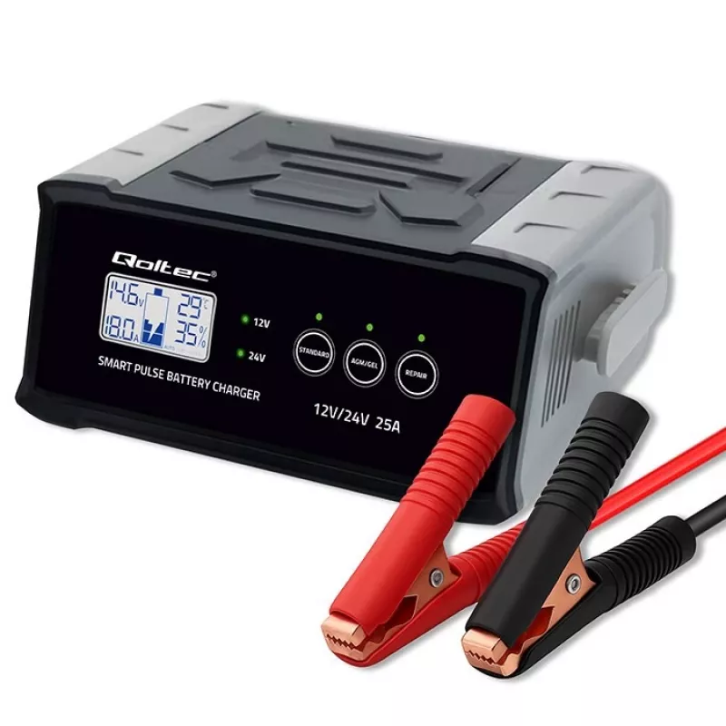 Prostownik QOLTEC 52514 — 12 V/24 V, 25 A, do akumulatorów AGM/żelowych/SLA z wyświetlaczem LCD