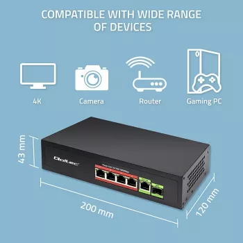 Przełącznik Ethernet PoE QOLTEC 52296 — 4 porty RJ45 PoE, 1 port uplink RJ45