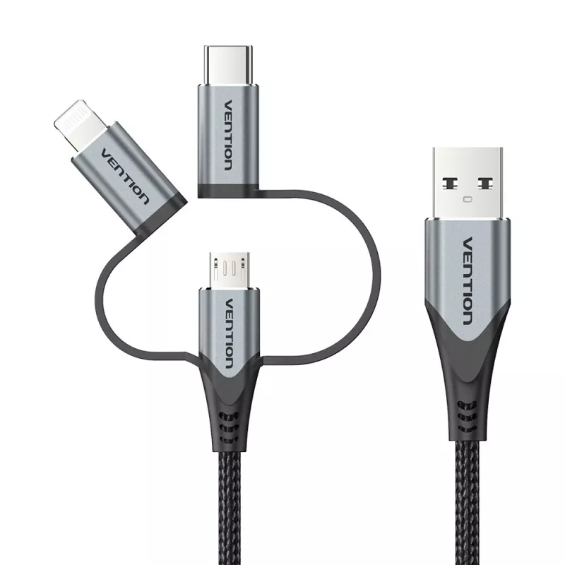 Kabel Vention USB 2.0 A męski do 3-w-1 Micro-B&USB-C&Lightning męski 1M szary stop aluminium typ