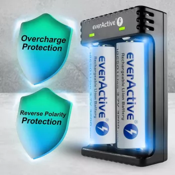 Ładowarka do akumulatorów everActive LC200 domowa USB, 2-kanałowa, Li-Ion, obsługuje A/AA/AAA/AAAA/C/D, wejście 5 V, wyjście 4,2 V, czarna