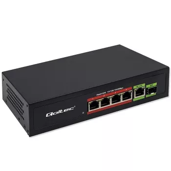 Przełącznik Ethernet PoE QOLTEC 52296 — 4 porty RJ45 PoE, 1 port uplink RJ45