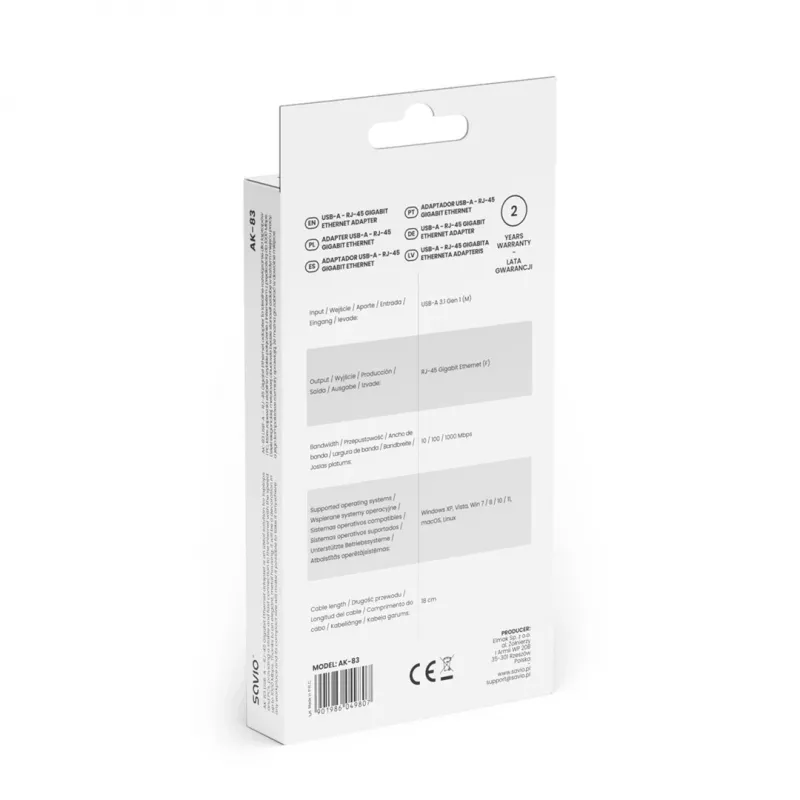 Karta sieciowa SAVIO AK-83 USB-A na RJ-45 męski, 5 Gbit/s, czarna