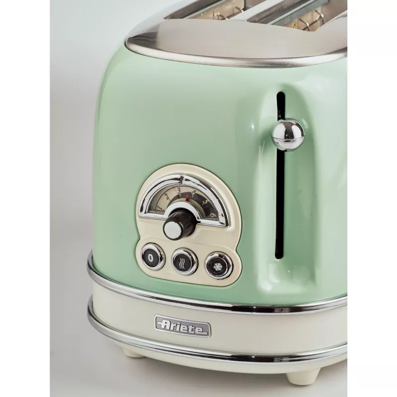 Toster Ariete 155 Design 2 kromki z koszykami do kanapek, 6 poziomów opiekania, 810 W, obudowa ze stali nierdzewnej, wysuwana tacka na okruchy, kolor pastelowa zieleń