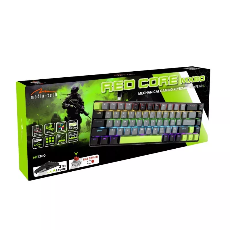 Klawiatura mechaniczna MEDIA-TECH MT1260 czerwony Core MX60, układ 60%, przełączniki CHERRY MX czerwony, podświetlenie RGB, USB, zielona