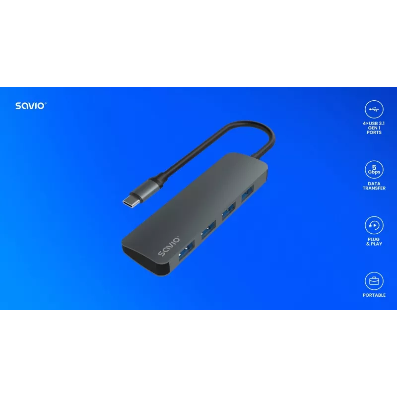 Hub USB SAVIO AK-54 — 4 x USB-A (USB 3.2 Gen 1), host USB-C, czarny