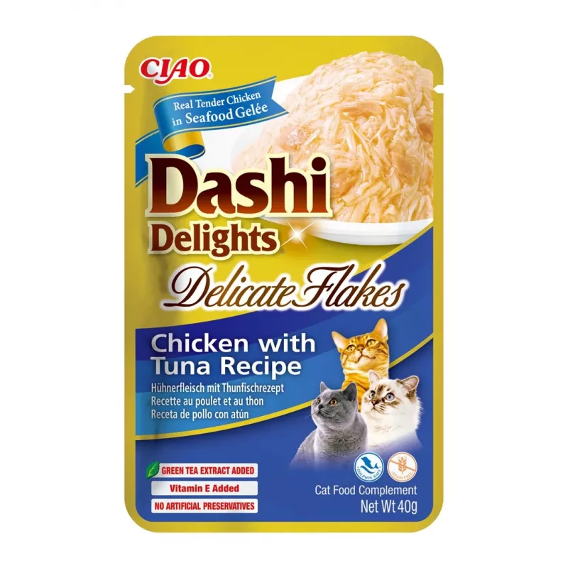 Mokre przysmaki dla kota INABA Dashi Delights Delikatne Płatki z Kurczakiem i Tuńczykiem 40 g saszetka
