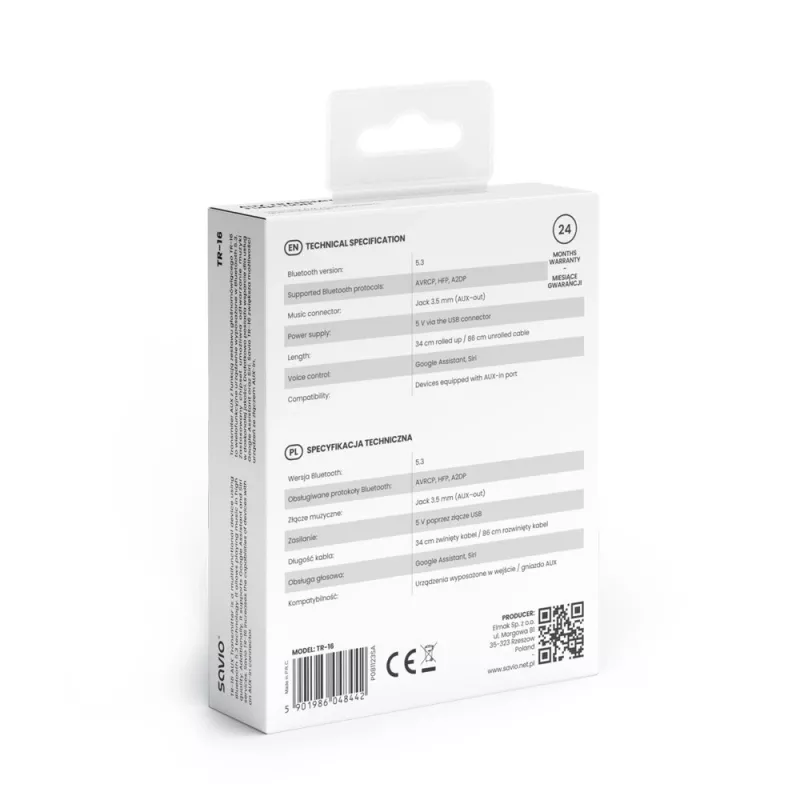 Adapter AUX Savio TR-16 z funkcją głośnomówiącą, Bluetooth 5.3, Google Assistant/Siri