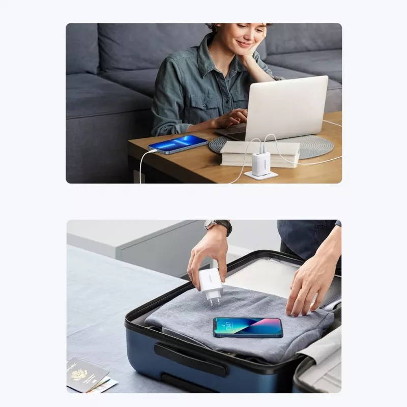 Ładowarka sieciowa UGREEN CD275 2× USB Type-C 65W biała — podwójne USB-C szybkie ładowanie 65 W, wejście 100–240 V