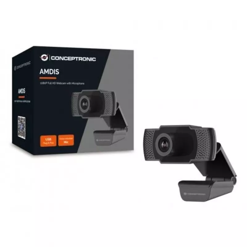 Conceptronic AMDIS 1080P Full HD Webcam with Microphone, 2 MP, 1920 x 1080 pixels, Full HD, 30 fps, H.264, M-JPEG, YUV, 90°
