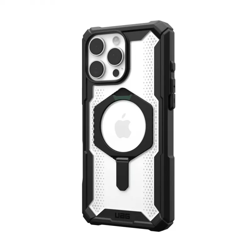 Etui Urban Armor Gear Plasma XTE na iPhone 16 Pro Max z maksymalnym rozmiarem ekranu 17,5 cm (6,9 cala). Czarno-przezroczysty design, metalowa nóżka, kompatybilność z MagSafe. Ochrona przed upadkami i zarysowaniami.
