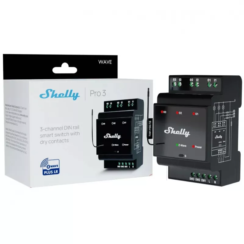 Inteligentny przekaźnik Shelly Wave PRO 3 — czarny, obudowa z tworzywa sztucznego, 110–240 V AC, 50–60 Hz, 0,3 W, 53×59×96 mm