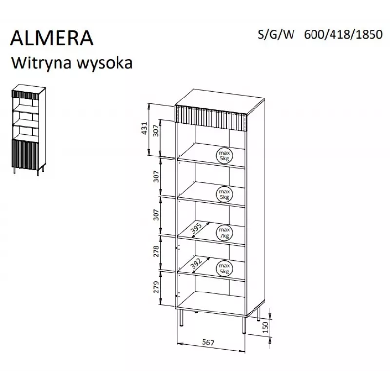 Cama 3 ALMERA Regał 60x42x185 orzech/kaszmir