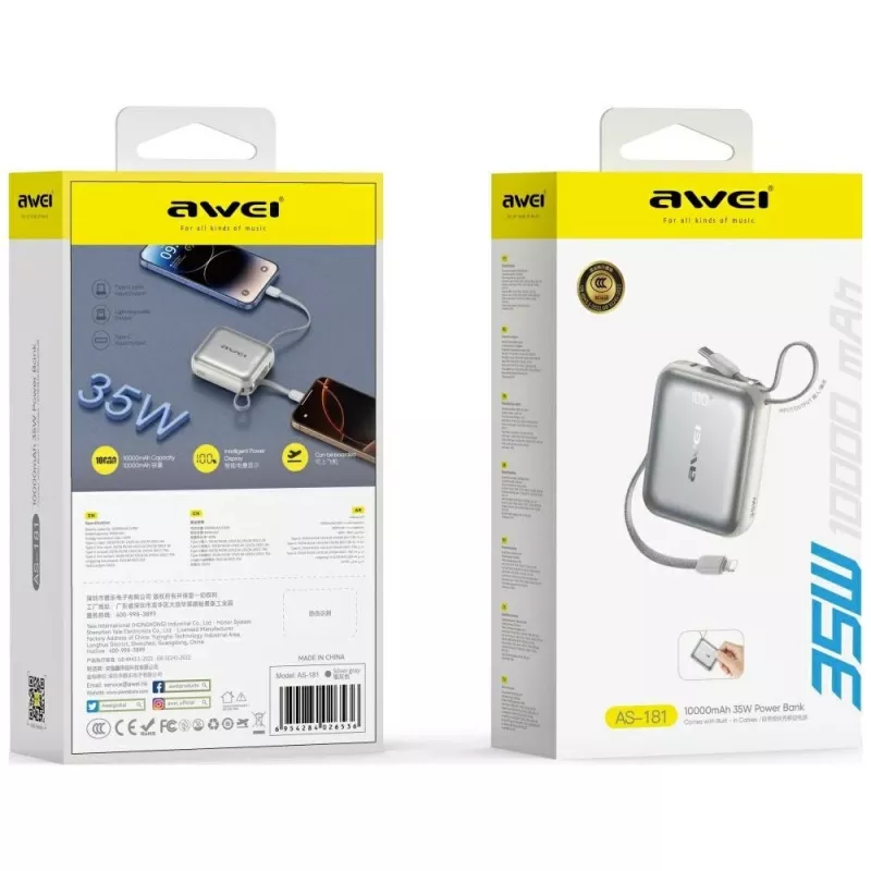 Power bank Awei AS-181 10000mAh 35W z wbudowanym kablem