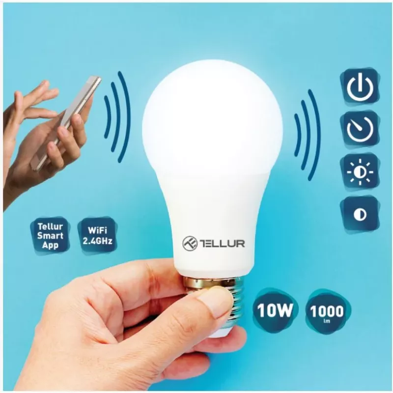 Żarówka Smart WiFi Tellur E27, 10W Biała/Ciepła, Ściemniana