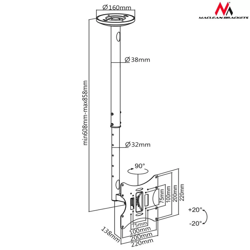 Uchwyt sufitowy do telewizora Maclean MC-504A B 23-42 50 - 85 cm 30kg Czarny