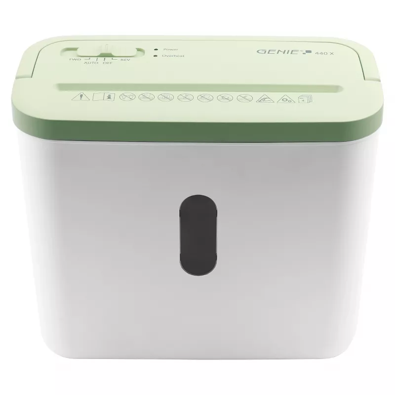 Niszczarka do papieru Genie 440 X GR — cięcie krzyżowe 4 x 38 mm, kosz 8 l, 300 W, zielono-biała