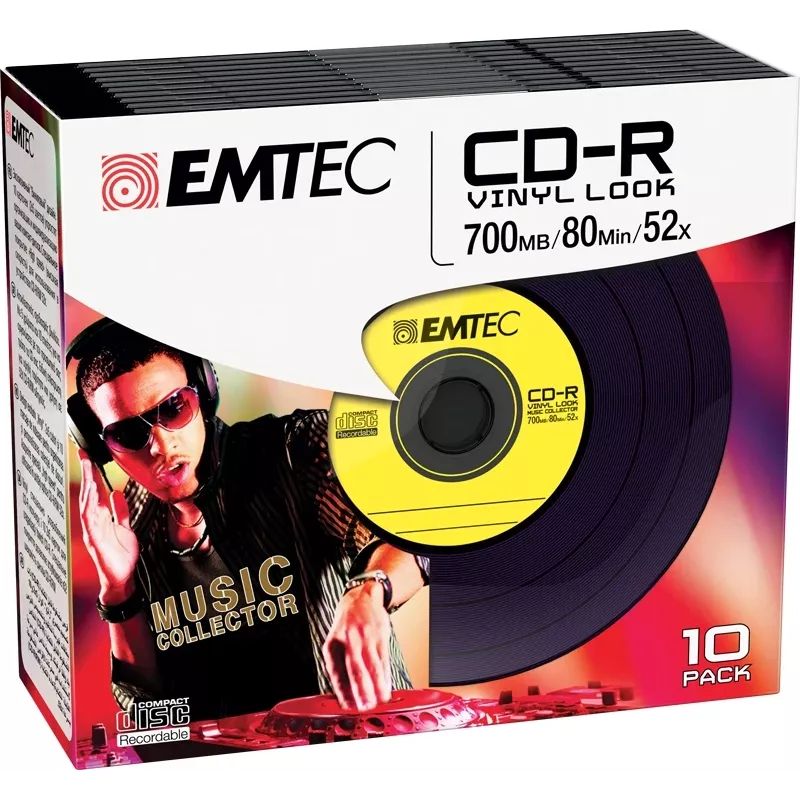 EMTEC Vinyl Look - 10 x CD-R - 700 MB (80 Min) 52x - Niebieski, Żółty, Liliowy, Zielony, Różowy - Slim Jewel Case