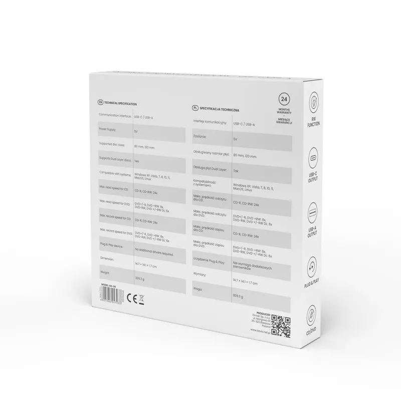 SAVIO AK-59 Zewnętrzna smukła nagrywarka CD/DVD R/RW - USB-C/USB-A, czarny