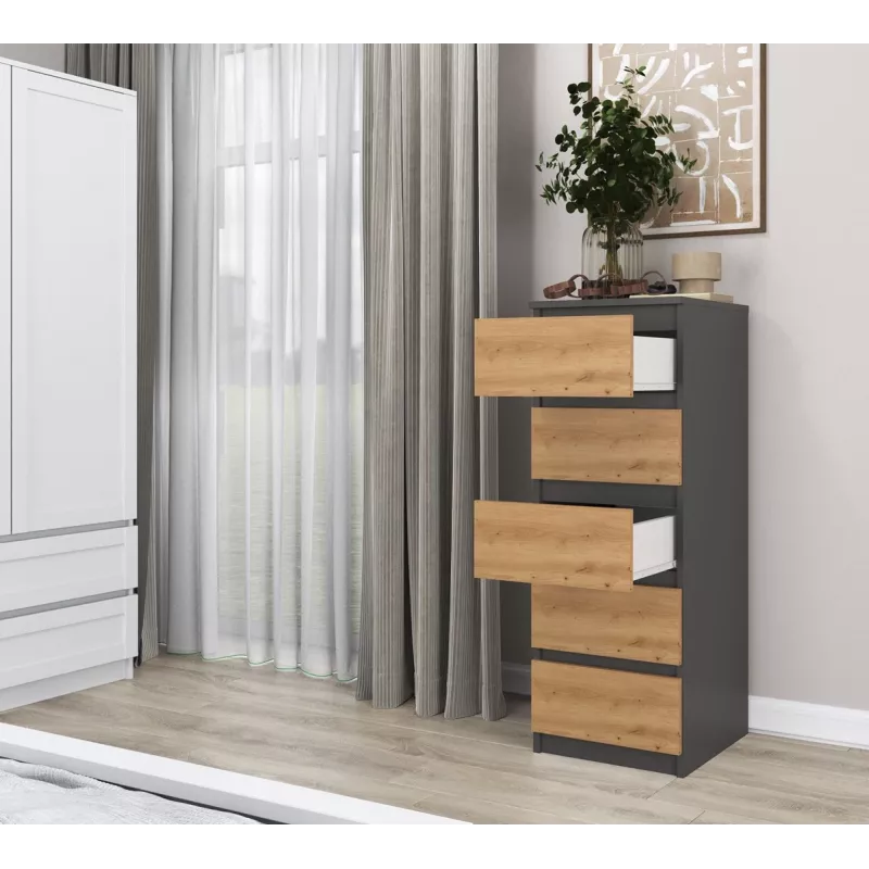 Komoda Top e Shop W5 ANT/ART, 5 szuflad, antracyt/dąb, płyta wiórowa