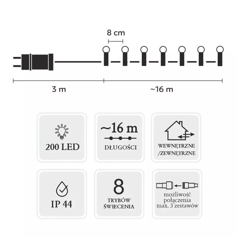 Łańcuch świetlny LED Extralink 200 żarówek zimna biel, średnica 3+ mm, długość 16 m