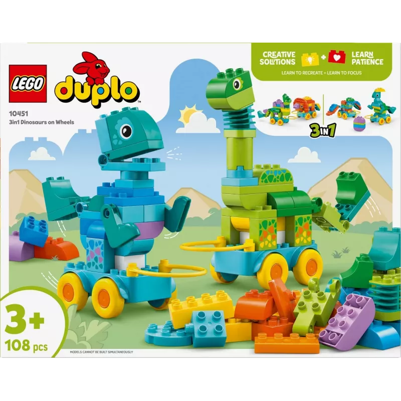 Zabawka konstrukcyjna LEGO DUPLO 10451 Dinozaury na kółkach zestaw 3-w-1, 108 elementów, wiek 3+, wysokość 220 mm