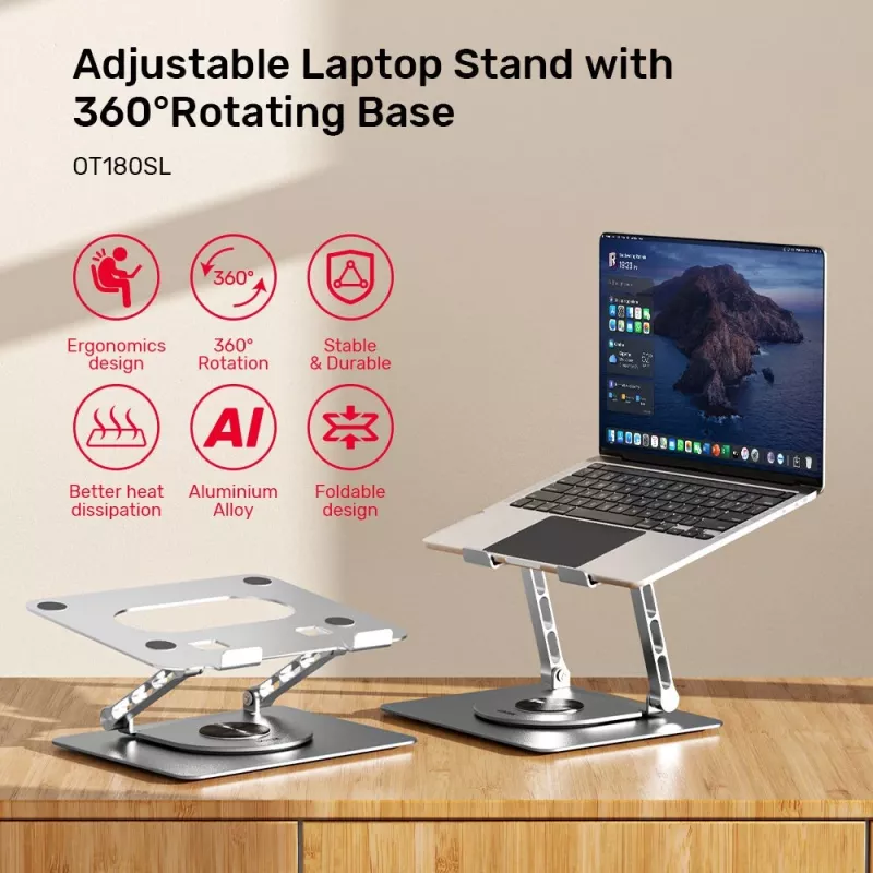 Podstawka pod laptopa Unitek OT180SL01 Aluminium dla ekranów 25,4–40,6 cm (10–16 cali), obrót 360°, pochylenie 0–180°