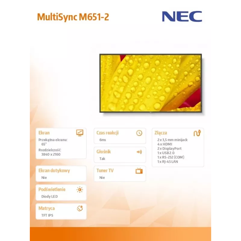 NEC MultiSync M651-2 Kiosk design 165,1 cm (65 cali) LED 500 cd/m² 4K Ultra HD Czarny Wbudowany procesor