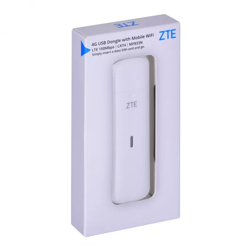 Modem komórkowy USB ZTE MF833N, przenośna obudowa USB, 4G LTE-FDD/TDD do 150 Mbps, obsługa HSUPA/2G, gniazdo microSD, biały