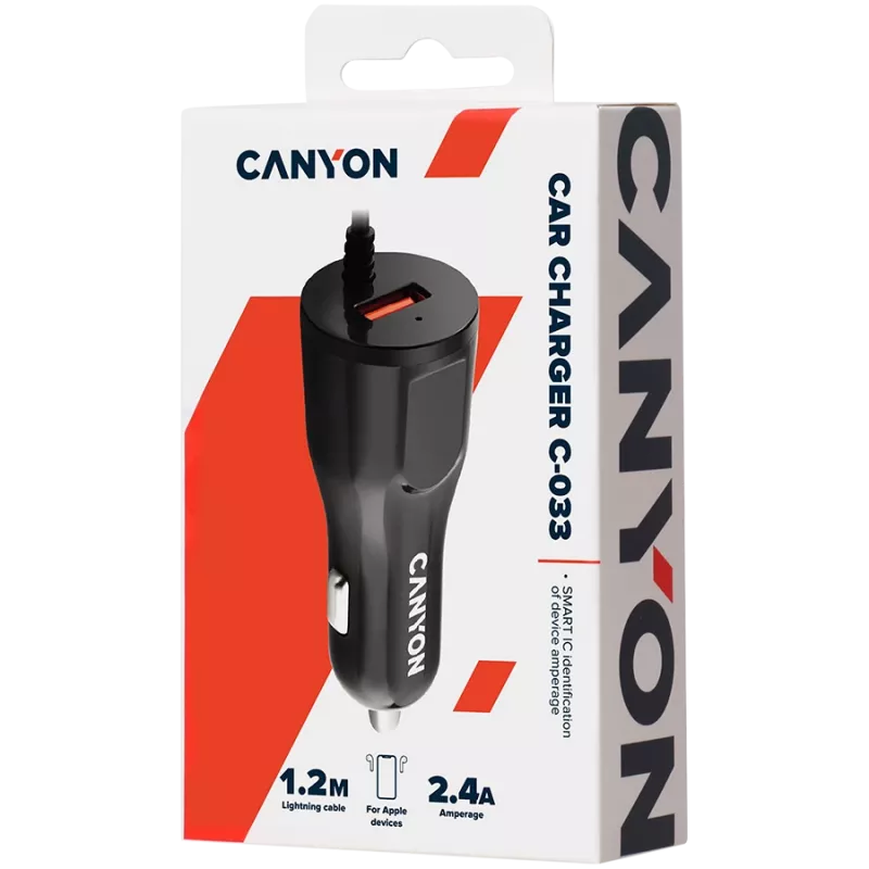 Ładowarka samochodowa CANYON C-033 2.4A/USB-A z wbudowanym Lightning Czarny