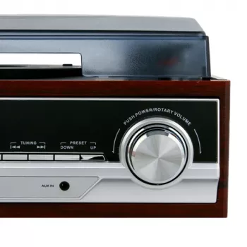 Gramofon audio Camry CR 1168 — czarny z wykończeniem drewnopodobnym, 33/45 obr./min, wbudowane głośniki, wyjście RCA