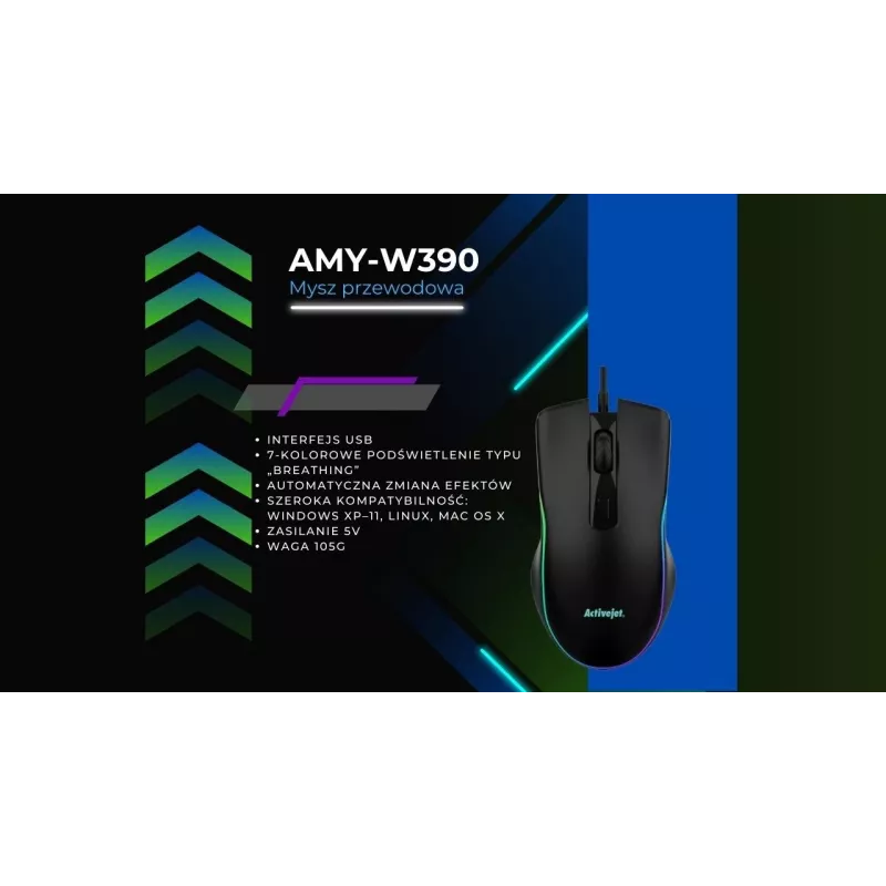 Przewodowa podgrzewana mysz gamingowa ActiveJet AMY-W390 — symetryczna, optyczna 2000 DPI, USB typu A, 4 przyciski, czarna