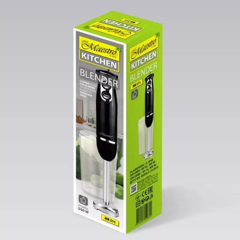 Blender kielichowy Maestro MR-511 — 500 W, 2 prędkości, pulsacyjna, turbo, zdejmowany pojemnik 900 ml, ostrze ze stali nierdzewnej, czarny