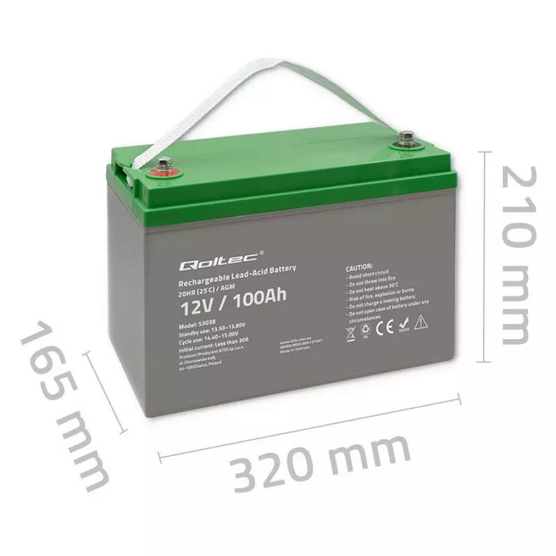 Qoltec 53038 Akumulator AGM | 12V | 100Ah | max 1200A