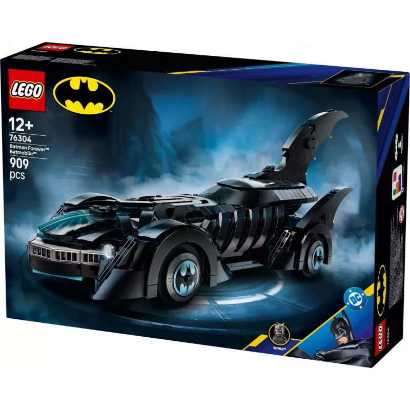 Zestaw konstrukcyjny LEGO DC Super Heroes Batman Forever Batmobile 76304 — 909 elementów, 1 minifigurka, zalecany wiek 12+