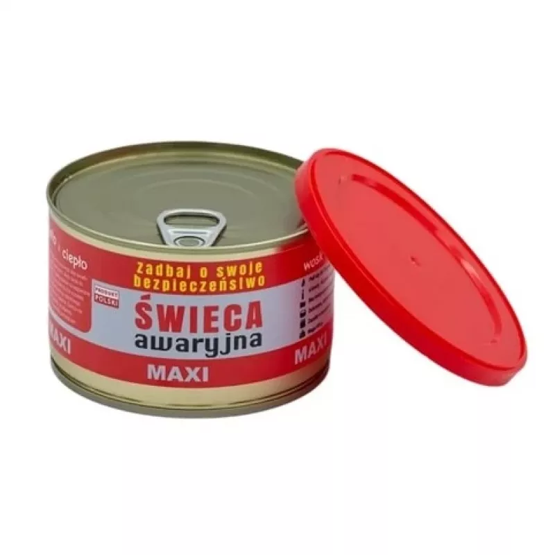 Świeca survivalowa awaryjna FULER HASKE Pro MAXI 410 g — naturalny wosk sojowy, 72 h czas palenia, 99 mm × 65 mm, puszka stalowa