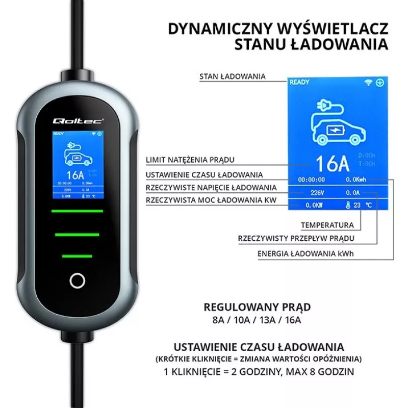 Ładowarka do pojazdów elektrycznych QOLTEC EV car charger w/ adjust. Type2 2in1 3,5kW – kompaktowa ładowarka AC, Type 2, 3,5 kW