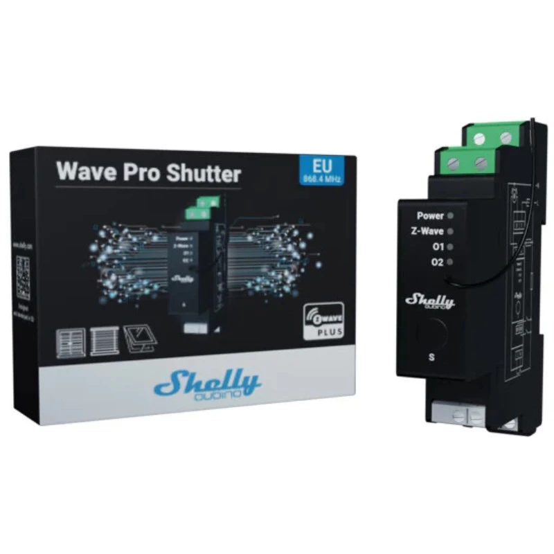 Sterownik rolet Shelly Wave Pro Shutter, czarny, obudowa z tworzywa sztucznego, 110–240 V AC, 50–60 Hz, 0,3 W, 19×69×94 mm