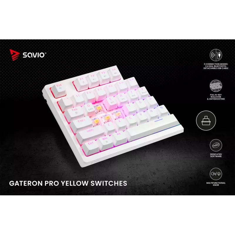 SAVIO PHENIX WHITE Bezprzewodowa Klawiatura Mechaniczna, Gateron Red Pro, ABS
