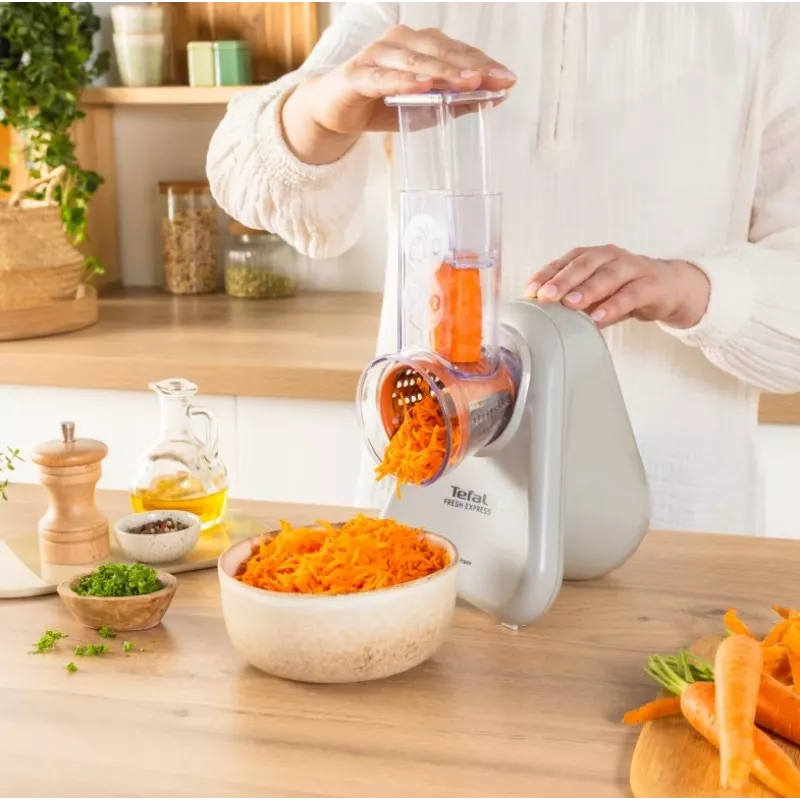 Elektryczna szatkownica do warzyw Tefal Fresh Express DN853BE0 — 150 W, 3 wymienne stożki, 1 prędkość, kremowa